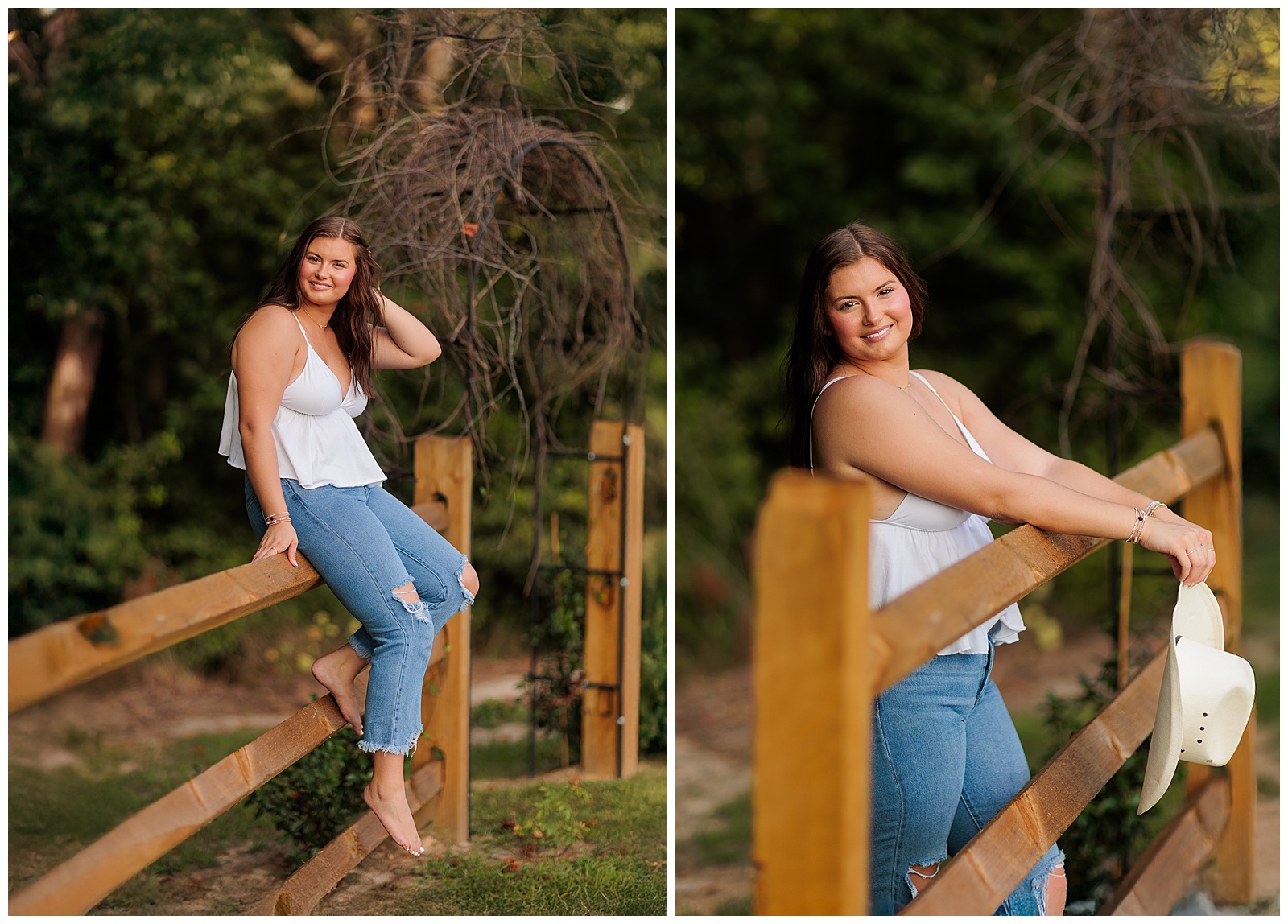 Senior girl pictures in white tank top and jeans at photo session by farm fence at The Farmer’s Daughter at Walston Pond in North Carolina.

