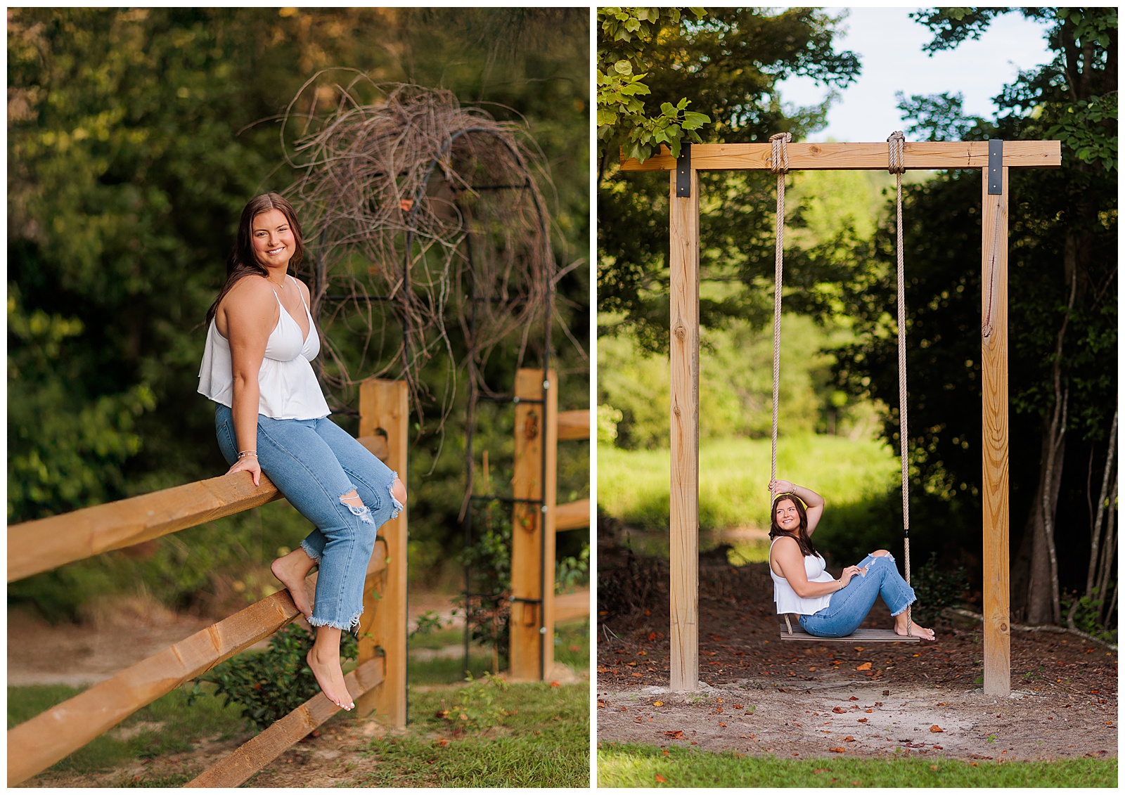 Senior girl pictures in white tank top and jeans at photo session by farm fence and rope swing at The Farmer’s Daughter at Walston Pond in North Carolina.

