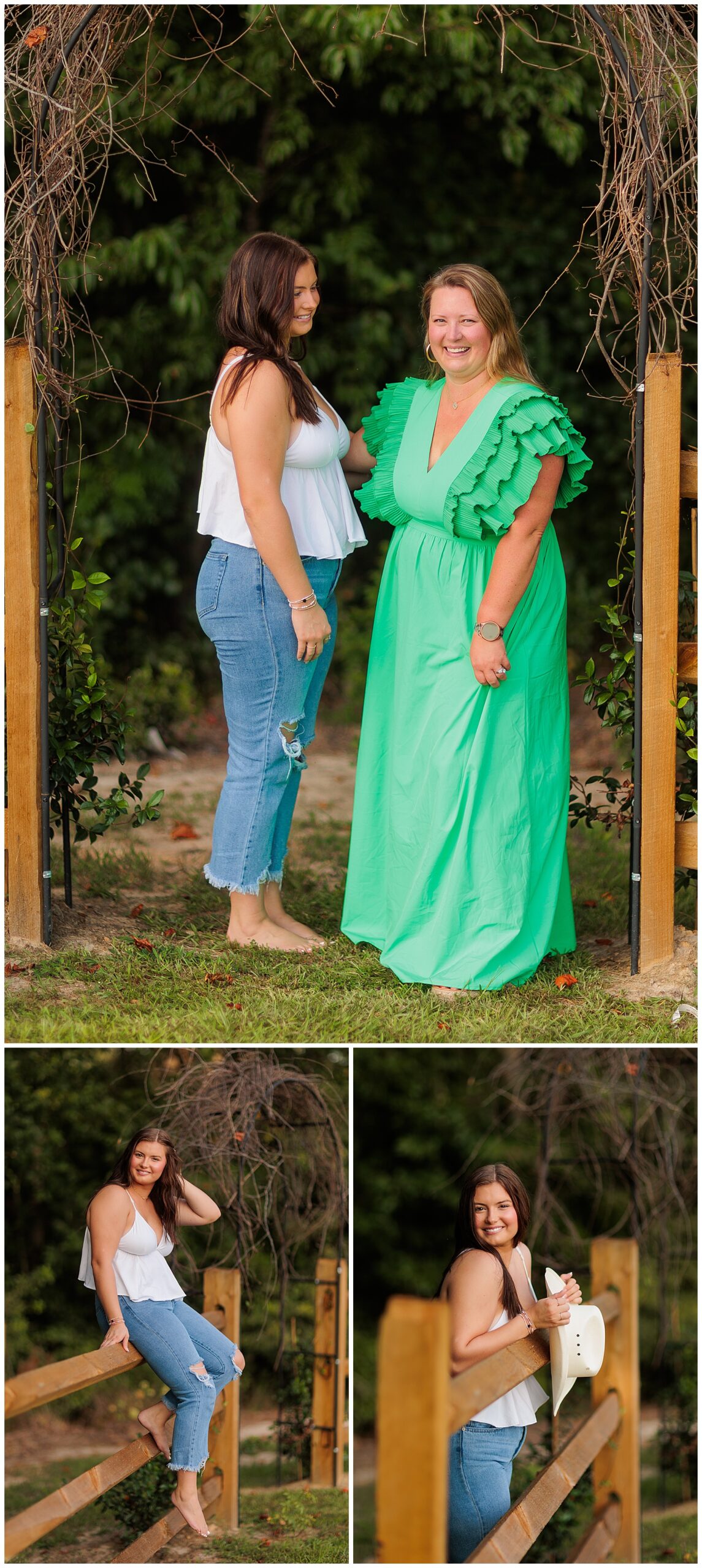 Senior girl pictures in white tank top and jeans with her mom at farm fence at The Farmer’s Daughter at Walston Pond in North Carolina.
