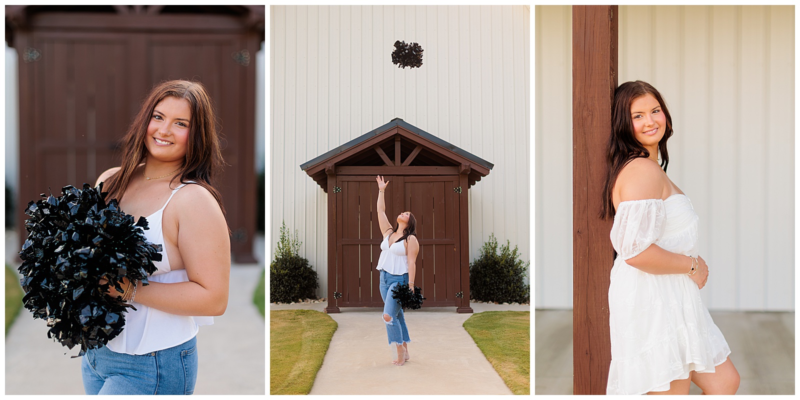 Senior girl pictures in white tank top and jeans with pom poms at The Farmer’s Daughter at Walston Pond in North Carolina.