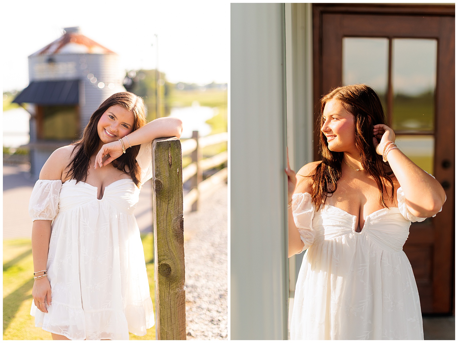 Senior girl pictures in white dress at The Farmer’s Daughter at Walston Pond in North Carolina.
