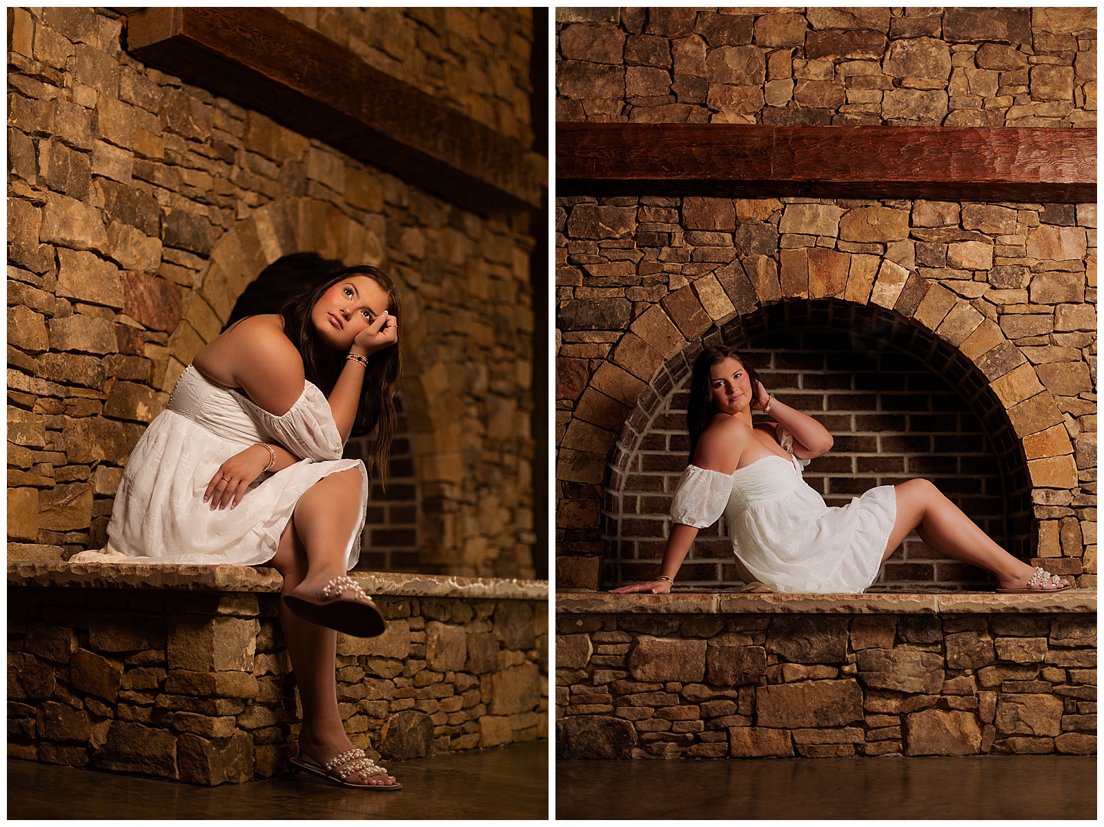 Senior girl pictures in white dress at The Farmer’s Daughter at Walston Pond in North Carolina.

