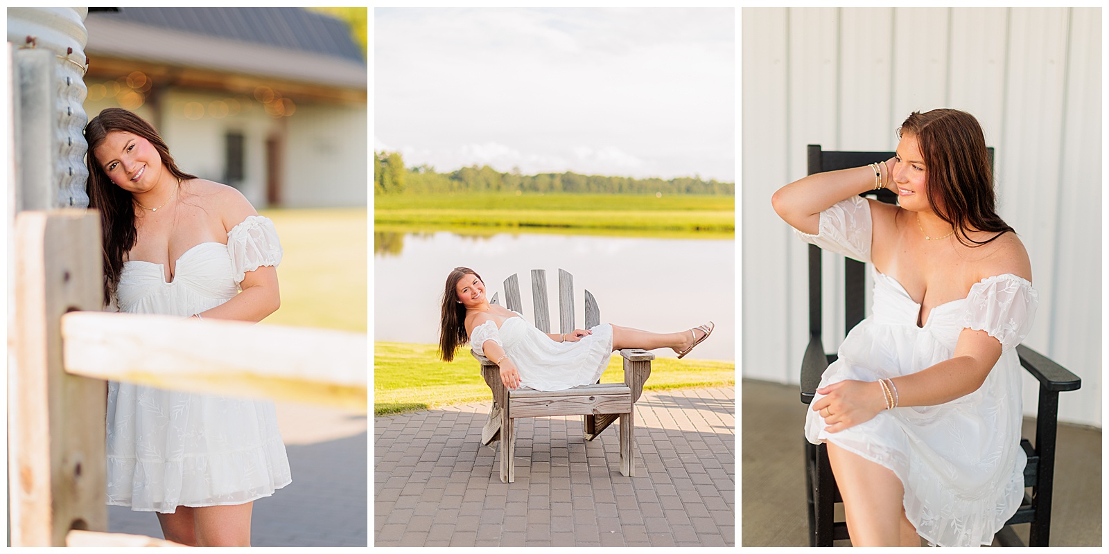 Senior girl pictures in white dress in front of pond at The Farmer’s Daughter at Walston Pond in North Carolina.
