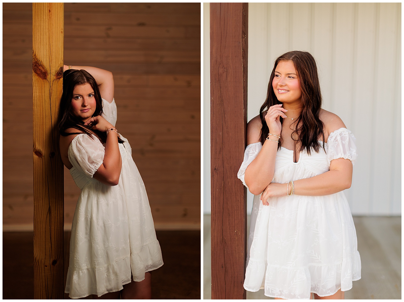 Senior girl pictures in white dress at The Farmer’s Daughter at Walston Pond in North Carolina.
