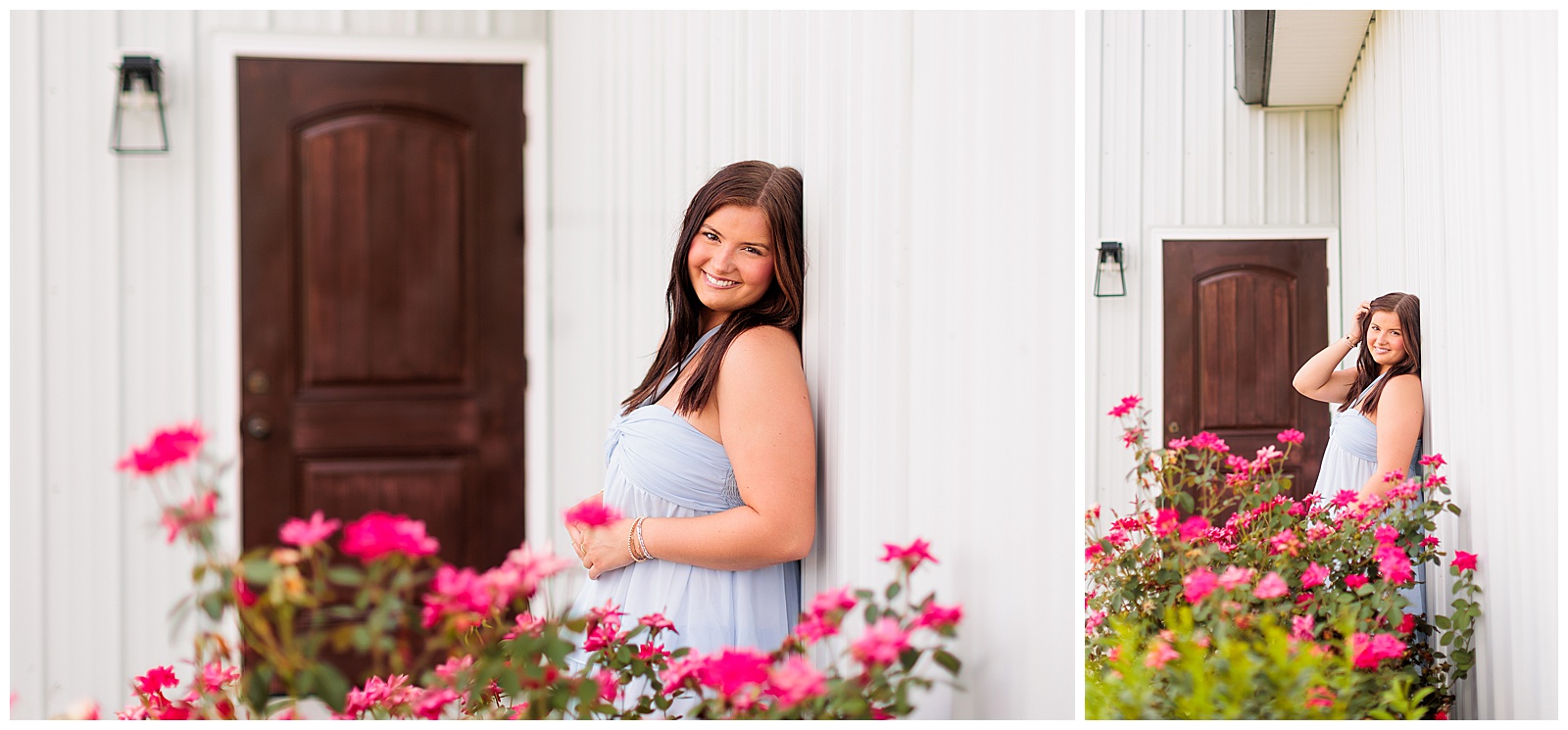 Senior girl pictures in light lavender dress by roses at The Farmer’s Daughter at Walston Pond in North Carolina.
