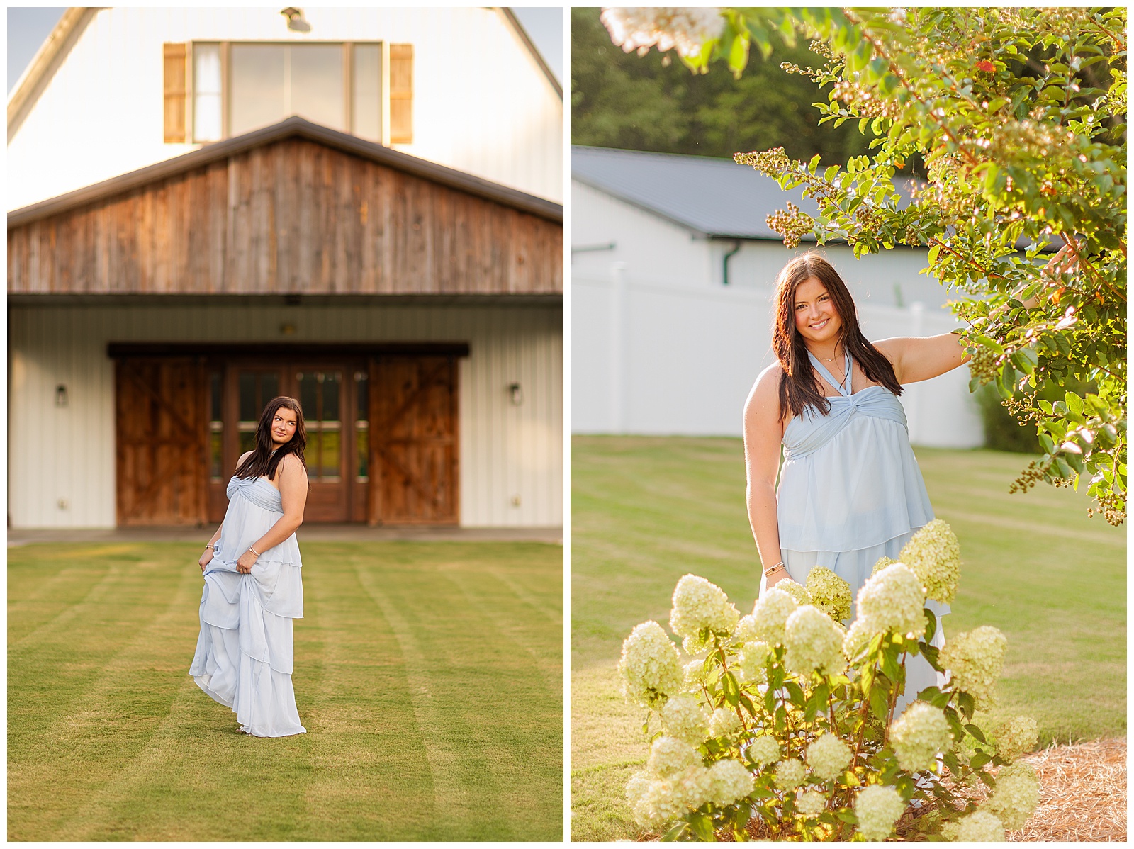 Senior girl pictures in light lavender dress at The Farmer’s Daughter at Walston Pond in North Carolina.
