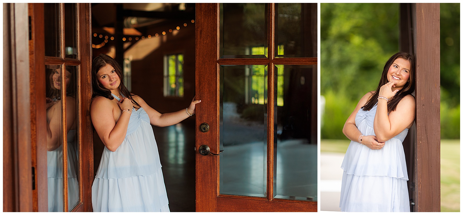 Senior girl pictures in light lavender dress at The Farmer’s Daughter at Walston Pond in North Carolina.
