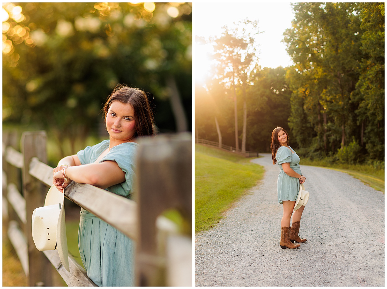 Senior girl pictures in light green romper with cowboy boots and cowboy hat at The Farmer’s Daughter at Walston Pond in North Carolina.
