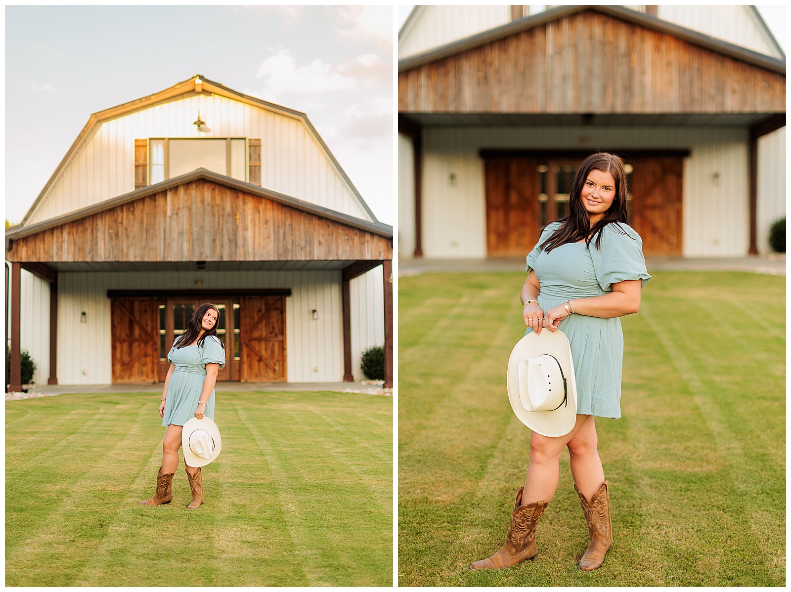 Senior girl pictures in light green romper with cowboy boots and cowboy hat at The Farmer’s Daughter at Walston Pond in North Carolina.
