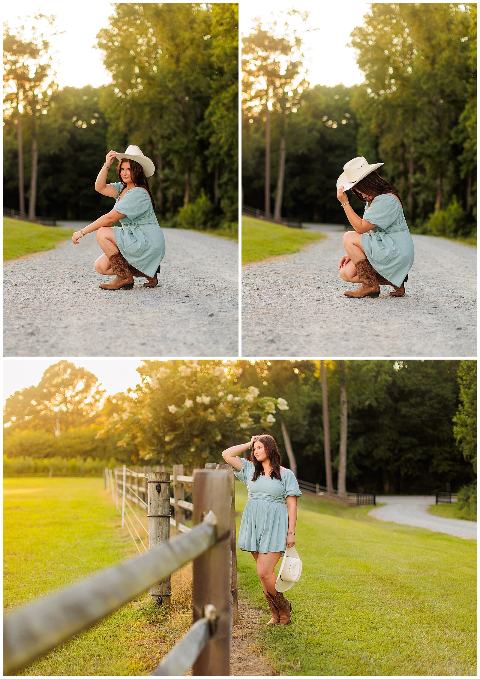 Senior girl pictures in light green romper with cowboy boots and cowboy hat The Farmer’s Daughter at Walston Pond in North Carolina.
