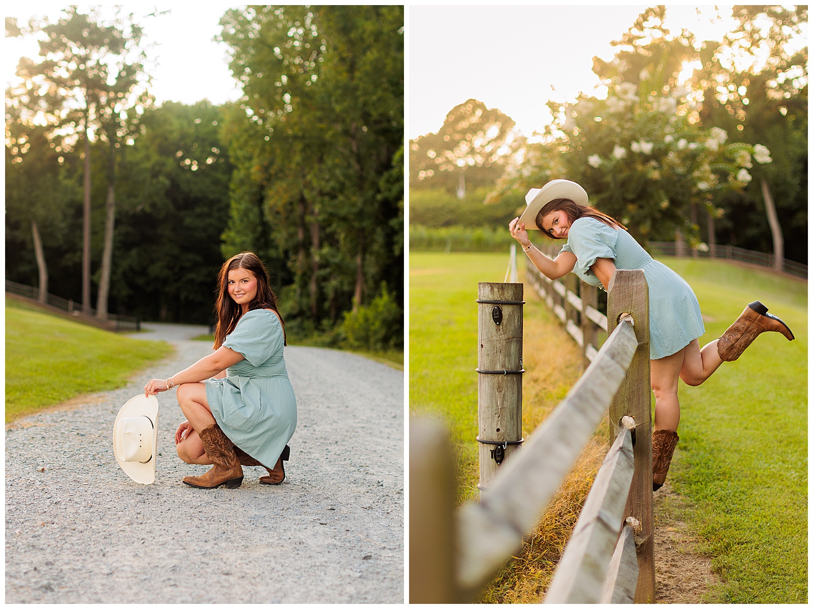 Senior girl pictures in light green romper with cowboy boots and cowboy hat The Farmer’s Daughter at Walston Pond in North Carolina.
