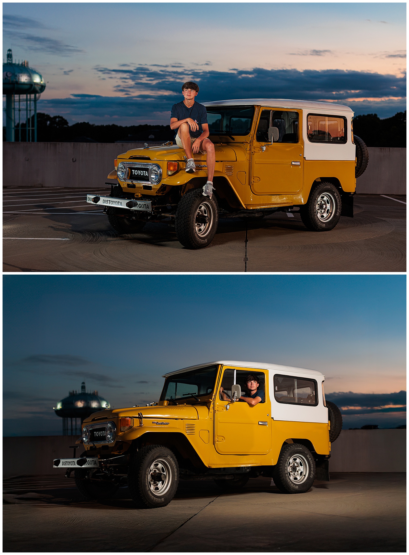 senior session with toyota cruiser on parking deck