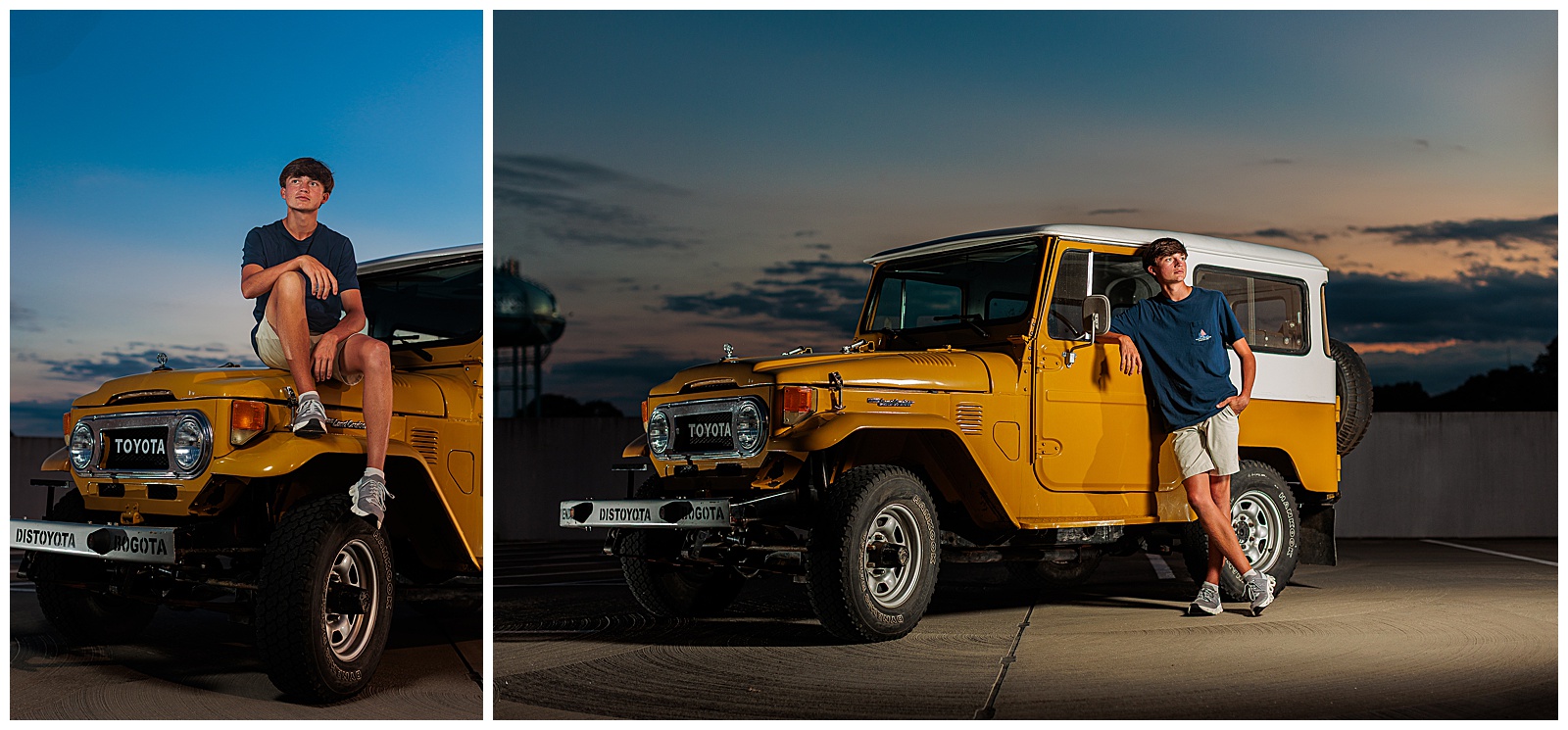 senior session with toyota cruiser on parking deck