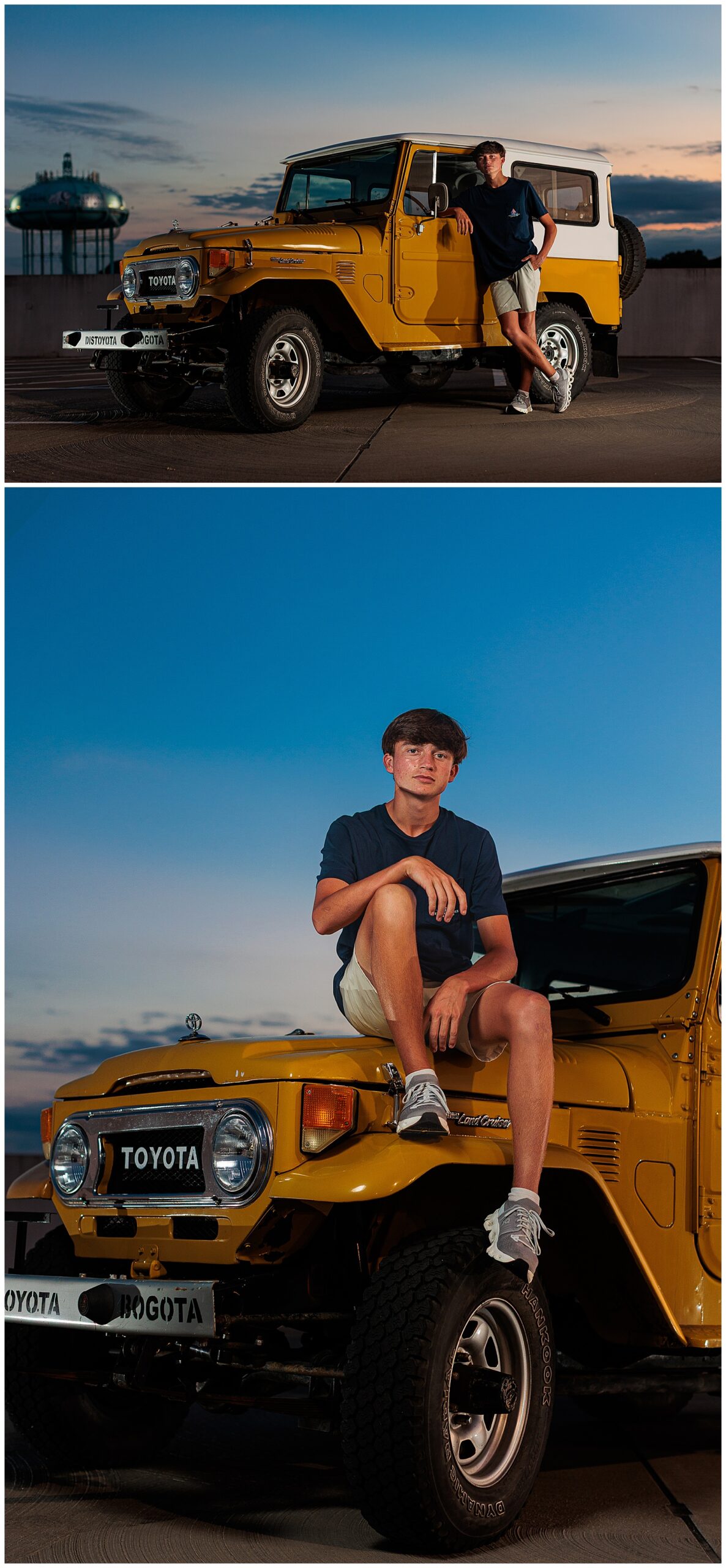 senior session with toyota cruiser on parking deck