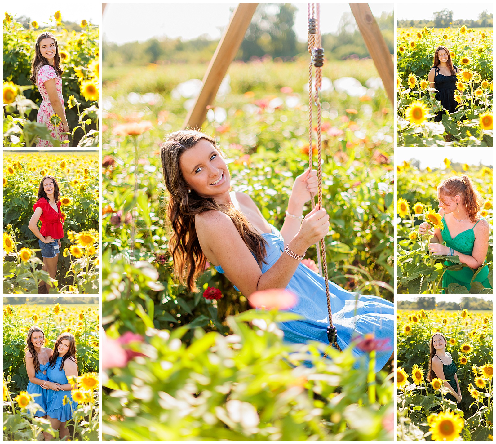 girl in a swing in a sunflower field