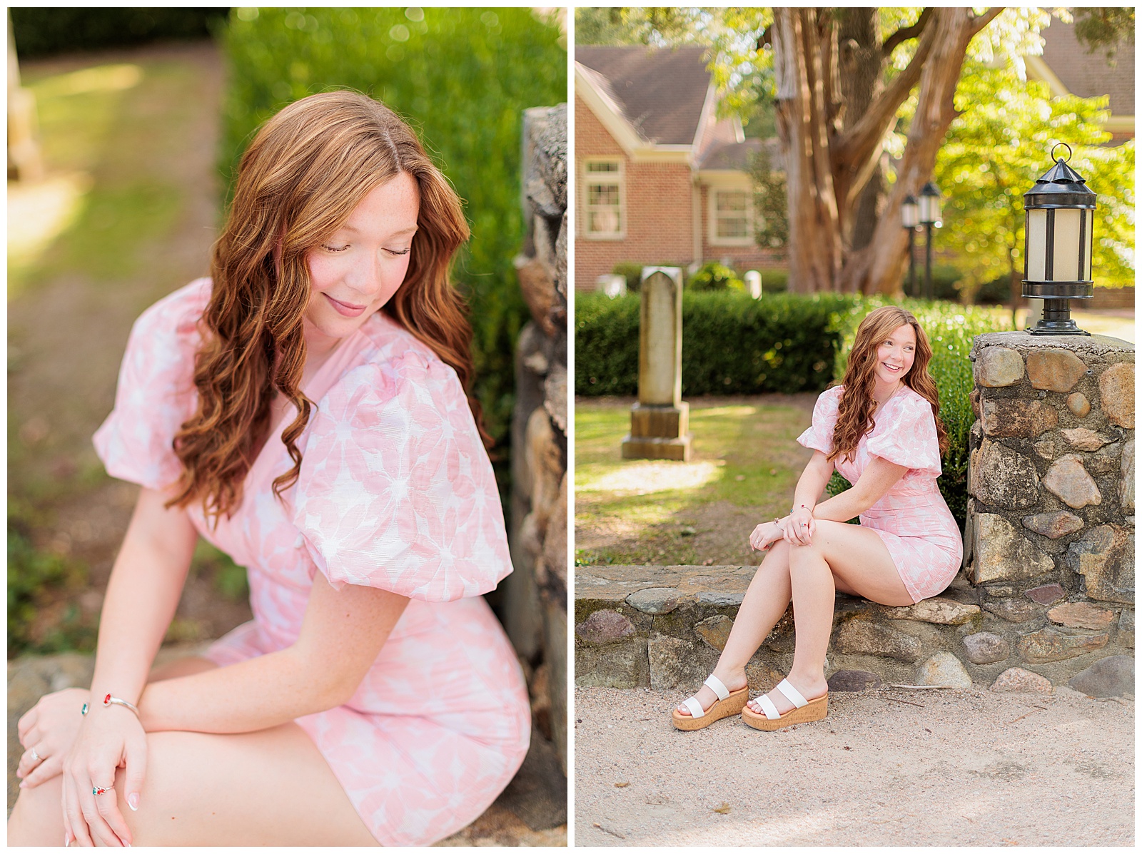 High school senior in pink puff-sleeve Showpo mini dress sitting on stone wall during senior portrait session in Bath, NC.